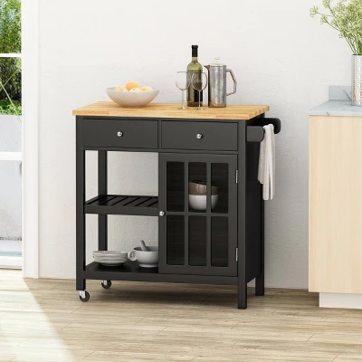 Byway Contemporary Kitchen Cart With Wheels Black/Natural - Christopher Knight Home 1 Byway Contemporary Kitchen Cart With Wheels Black/Natural - Christopher Knight Home