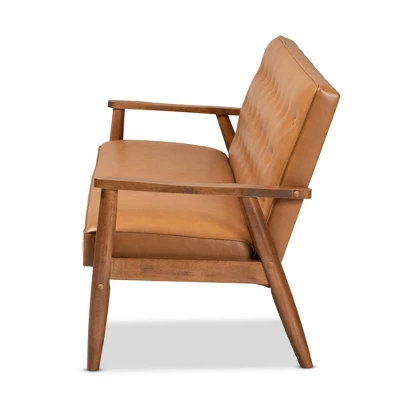 Sorrento Mid-Century Faux Leather Upholstered Wood Sofa Walnut/Brown - Baxton Studio 2 Sorrento Mid-Century Faux Leather Upholstered Wood Sofa Walnut/Brown - Baxton Studio - Image 2