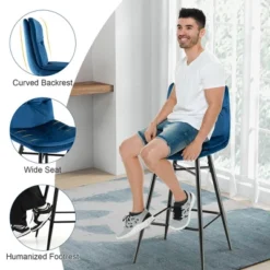 Costway Set Of 2 Velvet Bar Stools Bar Height Kitchen Dining Chairs With Metal Legs Blue/Grey -Furniture Sale Store GUEST cc553fe0 d080 419d 8966 37055e9c1507