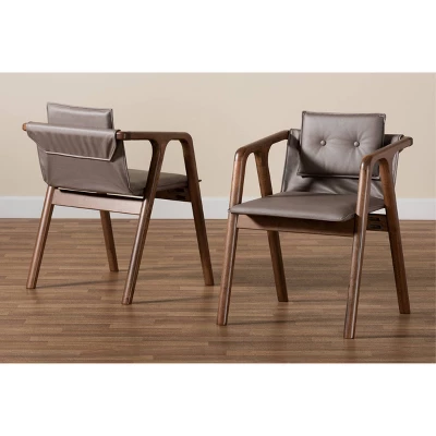 2pc Marcena Leather Upholstered And Wood Dining Chair Set Gray/Walnut Brown - Baxton Studio 7 2pc Marcena Leather Upholstered And Wood Dining Chair Set Gray/Walnut Brown - Baxton Studio - Image 7