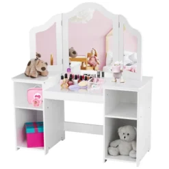 Costway Vanity Table Set Makeup Dressing Kids Girls Study Table Tri Folding Mirror WhitePink -Furniture Sale Store GUEST ccce7273 e5aa 4888 aca5 c6351d396604