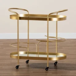 Kamal Glam Brushed Metal And Mirrored Glass 2 Tier Mobile Wine Bar Cart Gold - Baxton Studio -Furniture Sale Store GUEST cec5221e 8a4a 40ff bd36 045de721c876
