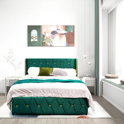Costway Upholstered Platform Bed Frame Adjustable Headboard Footboard Modern Green 3 Costway Upholstered Platform Bed Frame Adjustable Headboard Footboard Modern Green - Image 3