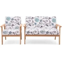 Tangkula 2 Piece Loveseat And Single Sofa Set Fabric Upholstered Couch & Accent Armchair White+Blue/Blue/Yellow Floral -Furniture Sale Store GUEST d2928bae 01ce 4c20 b45f 1a31a0ec239b