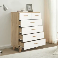 Modern 6 Drawer Dresser With Solid Wood Legs And Handles, White + Oak - ModernLuxe
