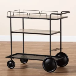 Huntley Wood And Metal Mobile Wine Cart Walnut Brown/Black - Baxton Studio -Furniture Sale Store GUEST d5c2046e d583 4666 ba65 f6e21558650f