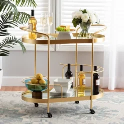 Kamal Glam Brushed Metal And Mirrored Glass 2 Tier Mobile Wine Bar Cart Gold - Baxton Studio -Furniture Sale Store GUEST d97d153f 9a72 407e 8820 5274887d8b57