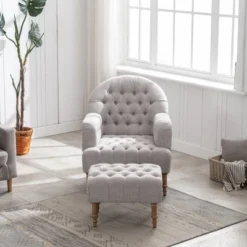 Mid Century Button-Tufted Upholstered Accent Chair Set With Linen Fabric And Ottoman-ModernLuxe