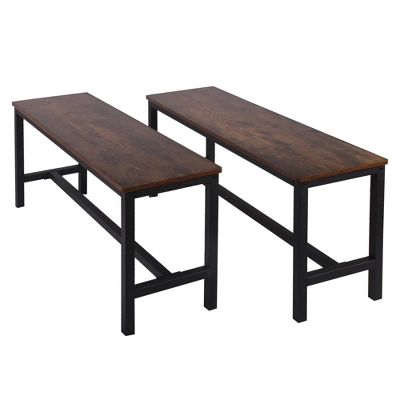 Set Of 2 Wooden Top Indoor Bench With Metal Legs Brown/Black - Benzara 2 Set Of 2 Wooden Top Indoor Bench With Metal Legs Brown/Black - Benzara - Image 2