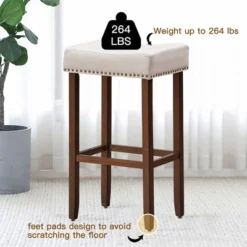 Costway Set Of 4 Nailhead Saddle Bar Stools 29'' Height W/ Fabric Seat & Wood Legs Gray/Beige -Furniture Sale Store GUEST dd67aa03 e002 44de a107 41c527343293