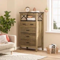 Bestier Rustic Storage Cabinet Organizer Table With 2 Display Shelves And 5 Drawers For Living Room, Office, Bedroom, Or Hallway, Brown -Furniture Sale Store GUEST dd9312fe 4388 4d90 a192 b0bfd8998e25