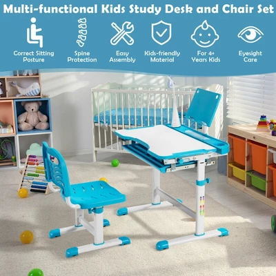 Costway Height Adjustable Kids Study Table And Chair Set W/Bookstand & Light Pink/Light Blue 4 Costway Height Adjustable Kids Study Table And Chair Set W/Bookstand & Light Pink/Light Blue - Image 4