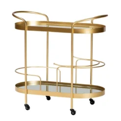 Kamal Glam Brushed Metal And Mirrored Glass 2 Tier Mobile Wine Bar Cart Gold - Baxton Studio -Furniture Sale Store GUEST de442c1b 7362 4bd1 8b2e ff4632c874fc