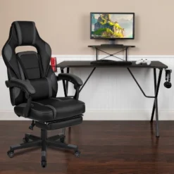 Flash Furniture Gaming Desk With Cup Holder/Headphone Hook/Monitor Stand & Reclining Back/Arms Gaming Chair With Footrest