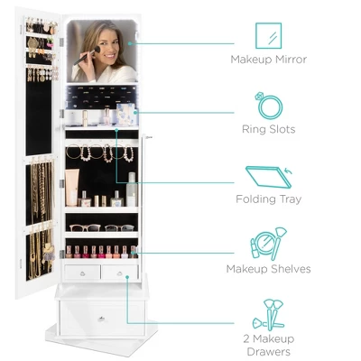 Best Choice Products 360 Swivel Standing Mirrored Jewelry Cabinet, LED-Lit Makeup Organizer W/ Mirror - White 3 Best Choice Products 360 Swivel Standing Mirrored Jewelry Cabinet, LED-Lit Makeup Organizer W/ Mirror - White - Image 3
