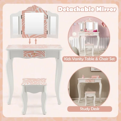 Costway Kid Vanity Set Wooden Makeup Table Stool Tri-Folding Mirror Zebra-Stripe Pink 4 Costway Kid Vanity Set Wooden Makeup Table Stool Tri-Folding Mirror Zebra-Stripe Pink - Image 4