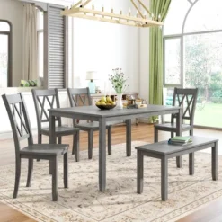 6-Piece Farmhouse Rustic Wooden Dining Table Set With 4 Cross Back Chairs And Bench - ModernLuxe