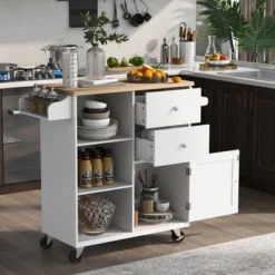 Rubberwood Countertop Kitchen Island, 4 Wheel Kitchen Trolley With Spice Rack, Towel Rack, 3 Open Shelves And 2 Drawers - ModernLuxe -Furniture Sale Store GUEST ebe7bb34 d707 4de4 93a5 f31bd264bc53
