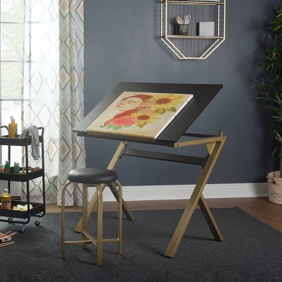 2pc Stellar Drawing Table With 36" Adjustable Top With Stool Set Black/Gold - Studio Designs 16 2pc Stellar Drawing Table With 36" Adjustable Top With Stool Set Black/Gold - Studio Designs - Image 16