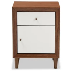 Harlow Mid-Century Modern Scandinavian Style Wood 1-Drawer And 1-Door Nightstand - White And Walnut - Baxton Studio