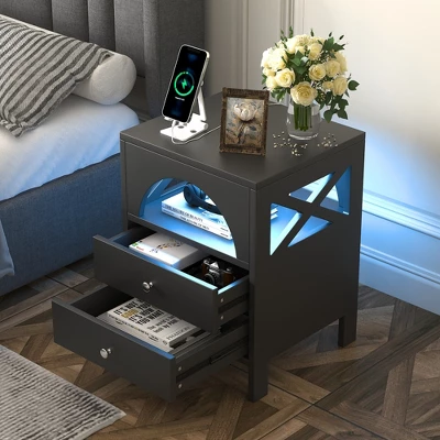 Nightstand With USB Charging Ports And LED Lights, End Table With 2 Drawers And Shelf-ModernLuxe 9 Nightstand With USB Charging Ports And LED Lights, End Table With 2 Drawers And Shelf-ModernLuxe - Image 9