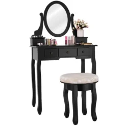 Costway Vanity Table Makeup Table Cushioned Mirror 5 Drawers Black -Furniture Sale Store GUEST f5307e06 2e1e 40bc 9524 95db11aed3bc