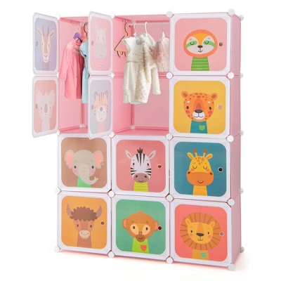 Costway 12-Cube Kids Wardrobe Baby Dresser Bedroom Armoire Clothes Hanging Closet With Door Blue/Pink 11 Costway 12-Cube Kids Wardrobe Baby Dresser Bedroom Armoire Clothes Hanging Closet With Door Blue/Pink - Image 11