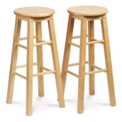 PJ Wood Classic Round Seat 29" Tall Kitchen Counter Stools For Homes, Dining Spaces, And Bars With Backless Seats & 4 Square Legs, Natural (Set Of 4)