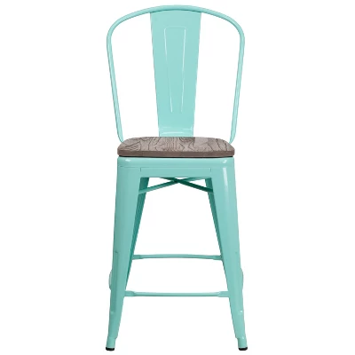 Merrick Lane 24" Metal Indoor-Outdoor Counter Stool With Vertical Slat Back, Integrated Footrest And Wood Seat 5 Merrick Lane 24" Metal Indoor-Outdoor Counter Stool With Vertical Slat Back, Integrated Footrest And Wood Seat - Image 5
