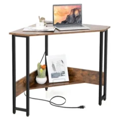 Costway Triangle Computer Desk Corner Desk Home Office With Power Outlets USB Ports Black/Rustic -Furniture Sale Store GUEST fb10717b bb98 4f78 8ec3 c2660a1996a0