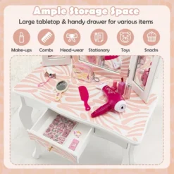Costway Kid Vanity Set Wooden Makeup Table Stool Tri-Folding Mirror Zebra-Stripe Pink 14 Costway Kid Vanity Set Wooden Makeup Table Stool Tri-Folding Mirror Zebra-Stripe Pink -Furniture Sale Store GUEST fdb9b839 d795 4eea 8d51 e20c9c0f60a2